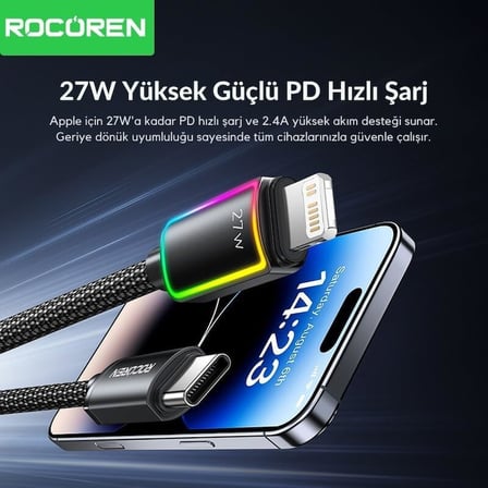 27W Type-C to Lightning RGB Aydınlatmalı Örgülü Şarj ve Data Kablosu 1 Metre