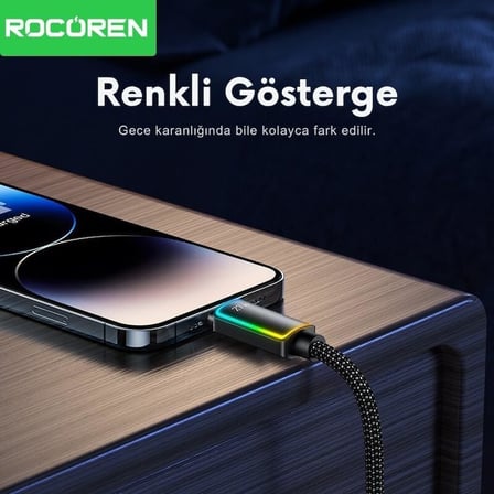 27W Type-C to Lightning RGB Aydınlatmalı Örgülü Şarj ve Data Kablosu 1 Metre