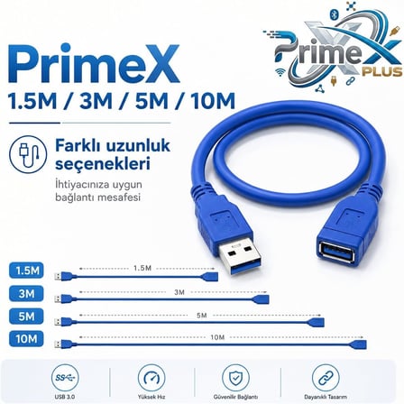 PrimeX PX-1705 5 Metre USB 3.0 Uzatma Kablosu, USB Erkek Dişi Ek Kablosu, Mavi USB A Male to Female Extension Cable