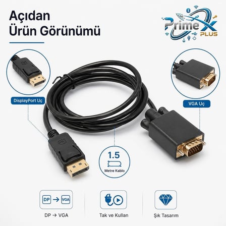 PrimeX PX-1256 1.5 Metre DisplayPort to VGA Kablo, DP Erkek to VGA Erkek Çevirici Kablo, DisplayPort Bilgisayar Laptop Ekran Kartından VGA Monitöre Görüntü Aktarım Kablosu