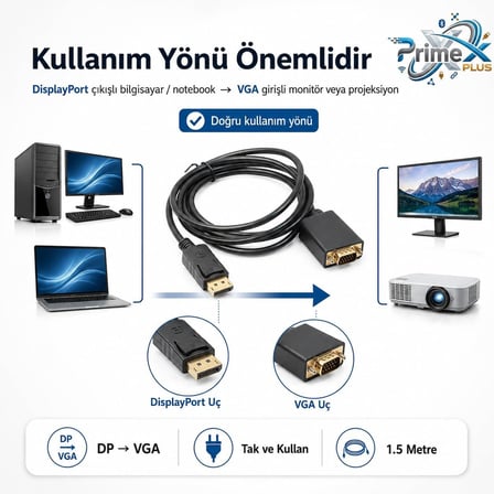 PrimeX PX-1256 1.5 Metre DisplayPort to VGA Kablo, DP Erkek to VGA Erkek Çevirici Kablo, DisplayPort Bilgisayar Laptop Ekran Kartından VGA Monitöre Görüntü Aktarım Kablosu