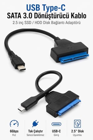 USB Type-C SATA 3.0 Dönüştürücü Kablo | 2.5inç SSD HDD Disk Bağlantı Adaptörü 6Gbps Tak-Çalıştır