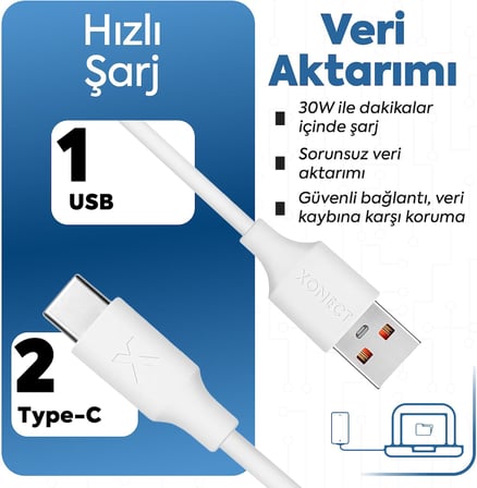USB to Type-C ile Uyumlu iPhone ve Samsung ile Uyumlu Hızlı Şarj ve Data Kablosu 40 cm (Beyaz)