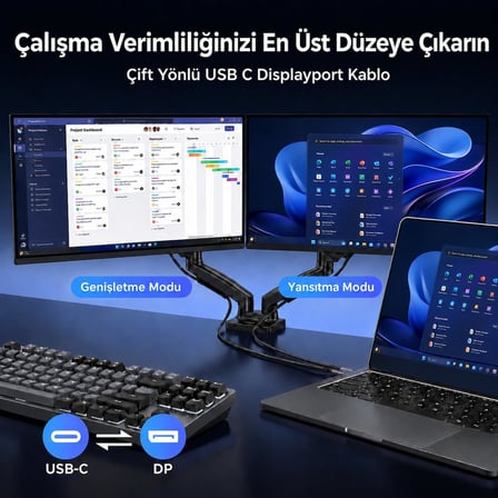 USB-C to DisplayPort Çift Yönlü Kablo, 48GBPS, 8K@60Hz 4K@240Hz HDCP HDR, DeX Mode, Thunderbolt 5/4/3 Destekli (2 Metre)