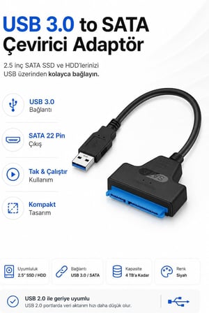USB to Sata Usb 3.0 to Sata 22PIN 2,5 inç Adaptör HDD SSD Harici Sabit Disk Dönüştürücü Kablo