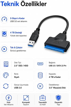 USB to Sata Usb 3.0 to Sata 22PIN 2,5 inç Adaptör HDD SSD Harici Sabit Disk Dönüştürücü Kablo