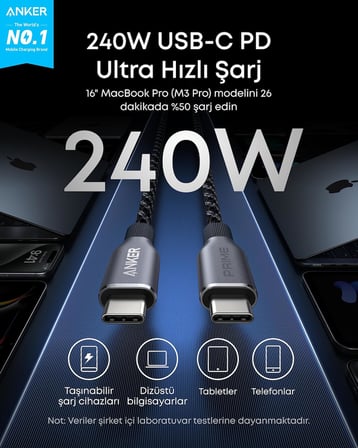 Prime Usb C Usb C Kablosu, 240W, 90 Cm Hizli Sarj Kablosu, Geri Donusturulmus Naylon Orgulu Tasarim, Siyah A88E2
