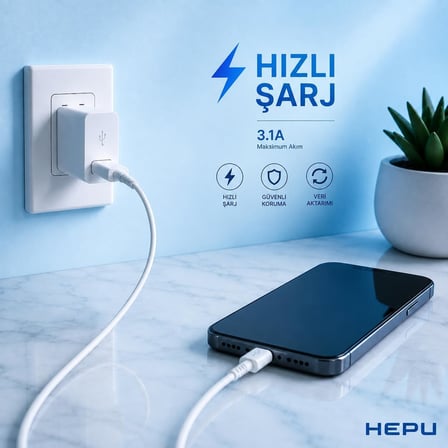 HP-NYK005 Nova Series USB-A to Lightning 3.1A Hızlı Şarj ve Veri Transfer Kablosu (1 Metre) – iPhone iPad ve Lightning Destekli Apple Cihazları ile Uyumlu Beyaz