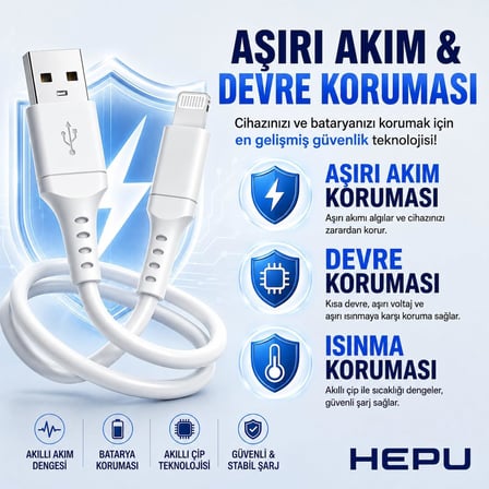 HP-NYK005 Nova Series USB-A to Lightning 3.1A Hızlı Şarj ve Veri Transfer Kablosu (1 Metre) – iPhone iPad ve Lightning Destekli Apple Cihazları ile Uyumlu Beyaz