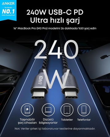 Prime USB-C - USB-C Kablosu, 240W, 90 cm Hızlı Şarj Kablosu, Geri Dönüştürülmüş Naylon Örgülü Tasarım, Siyah - A88E2