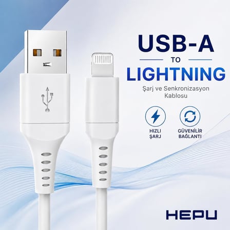HP-NYK005 Nova Series USB-A to Lightning 3.1A Hızlı Şarj ve Veri Transfer Kablosu (1 Metre) – iPhone iPad ve Lightning Destekli Apple Cihazları ile Uyumlu Beyaz