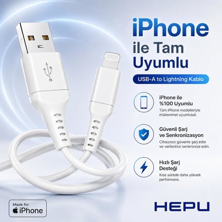 HP-NYK005 Nova Series USB-A to Lightning 3.1A Hızlı Şarj ve Veri Transfer Kablosu (1 Metre) – iPhone iPad ve Lightning Destekli Apple Cihazları ile Uyumlu Beyaz