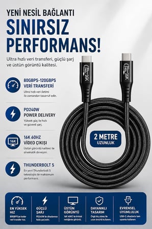 Thunderbolt 5 USB-C to USB-C Kablo, 80Gbps-120Gbps Veri Transferi, PD240W Power Delivery, 16K 60Hz Video Çıkışı, E-Marker Akıllı Çip, Thunderbolt 3/4/5 Uyumlu | 2 Metre (ZR1323 Siyah)