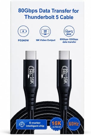 Thunderbolt 5 USB-C to USB-C Kablo, 80Gbps-120Gbps Veri Transferi, PD240W Power Delivery, 16K 60Hz Video Çıkışı, E-Marker Akıllı Çip, Thunderbolt 3/4/5 Uyumlu | 2 Metre (ZR1323 Siyah)