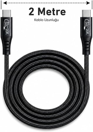 Thunderbolt 5 USB-C to USB-C Kablo, 80Gbps-120Gbps Veri Transferi, PD240W Power Delivery, 16K 60Hz Video Çıkışı, E-Marker Akıllı Çip, Thunderbolt 3/4/5 Uyumlu | 2 Metre (ZR1323 Siyah)