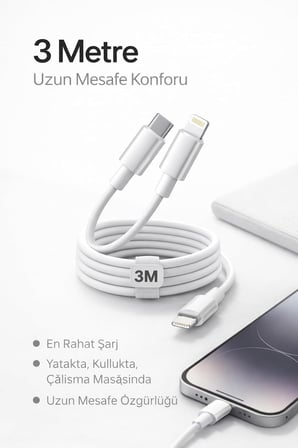 Yk Desıgn İPhone Uyumlu USB-C to Lightning Şarj ve Data Kablosu, Beyaz 3M