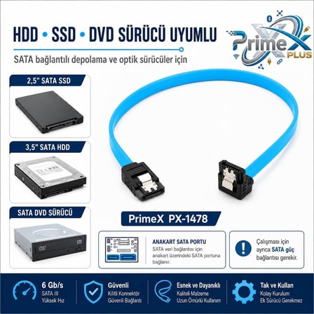 PrimeX PX-1478 SATA to SATA 3.0 Data Kablosu, 0.5 Metre HDD SSD DVD Sürücü Bağlantı Kablosu, SATA III 6Gbps Uyumlu Harddisk SSD Veri Aktarım Kablosu, PC Masaüstü Bilgisayar İçin SATA Kablo