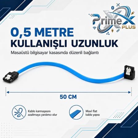 PrimeX PX-1478 SATA to SATA 3.0 Data Kablosu, 0.5 Metre HDD SSD DVD Sürücü Bağlantı Kablosu, SATA III 6Gbps Uyumlu Harddisk SSD Veri Aktarım Kablosu, PC Masaüstü Bilgisayar İçin SATA Kablo