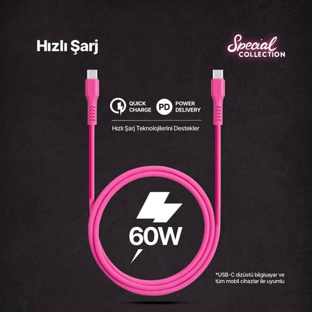 USB-C - USB-C 120cm 60W PD/QC Hızlı Şarj/Data Kablosu Neon 2DK59N (Neon Pembe)