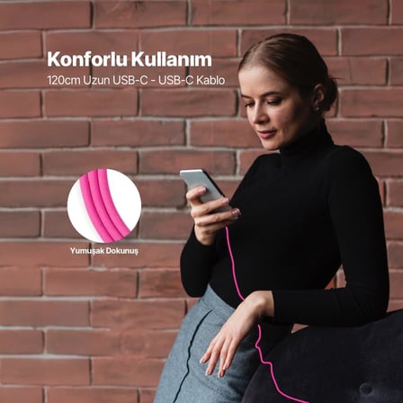 USB-C - USB-C 120cm 60W PD/QC Hızlı Şarj/Data Kablosu Neon 2DK59N (Neon Pembe)
