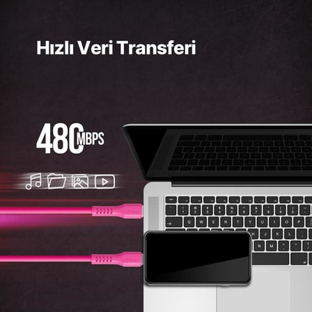 USB-C - USB-C 120cm 60W PD/QC Hızlı Şarj/Data Kablosu Neon 2DK59N (Neon Pembe)