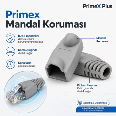 PrimeX PX-CAT6100 RJ45 Koruma Kılıfı 100 Adet, Cat5 Cat6 Ethernet Konnektör Boot Cover, LAN Ağ Kablosu Jack Koruyucu Papuç