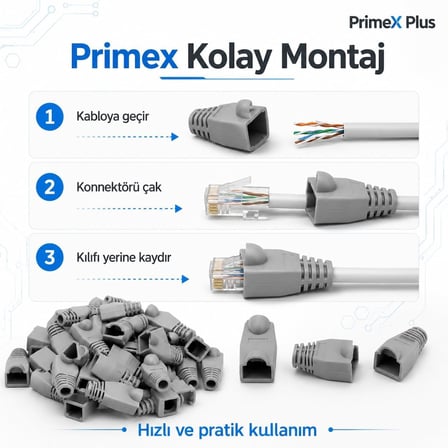 PrimeX PX-CAT6100 RJ45 Koruma Kılıfı 100 Adet, Cat5 Cat6 Ethernet Konnektör Boot Cover, LAN Ağ Kablosu Jack Koruyucu Papuç