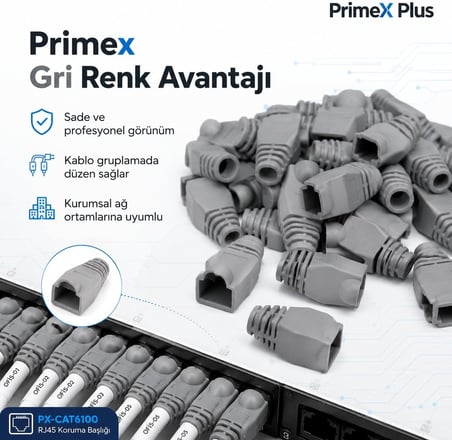 PrimeX PX-CAT6100 RJ45 Koruma Kılıfı 100 Adet, Cat5 Cat6 Ethernet Konnektör Boot Cover, LAN Ağ Kablosu Jack Koruyucu Papuç