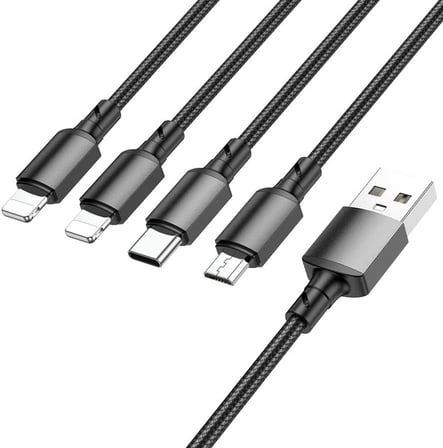 4in1 Usb Kablo Lightning + Micro + Type-c 4'ü 1 arada Lightning/Micro-USB/USB-C için Şarj Kablosu 1metre 2A Akım BX72 (2x Lightning+Type-C+Micro Uçlu Kablo)