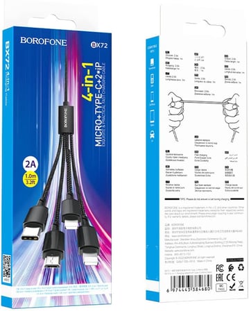 4in1 Usb Kablo Lightning + Micro + Type-c 4'ü 1 arada Lightning/Micro-USB/USB-C için Şarj Kablosu 1metre 2A Akım BX72 (2x Lightning+Type-C+Micro Uçlu Kablo)
