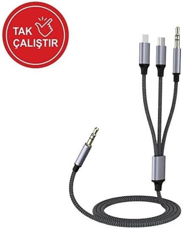 3in1 Type-C, Lighting ile Uyumlu to 3.5mm Örgülü Aux Kablosu 1m MT2811 (Tak Çalıştır)