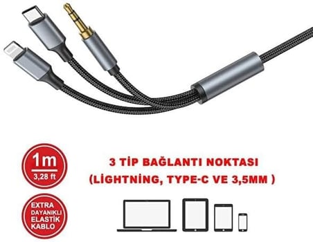 3in1 Type-C, Lighting ile Uyumlu to 3.5mm Örgülü Aux Kablosu 1m MT2811 (Tak Çalıştır)