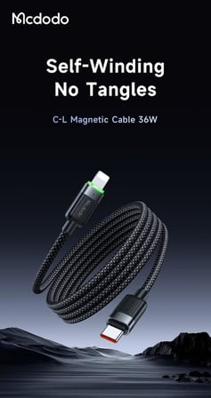 Ca-2010 36W Usb-C To Lightning Manyetik Sarilabilir Kablo - 1.2 M, Siyah