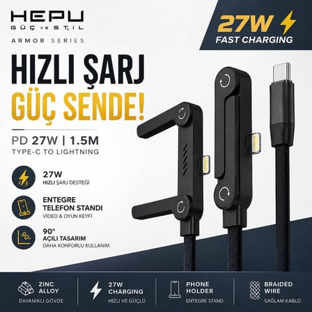 Armor Series HP-ALC01 27W Hızlı Şarj Kablosu - 1.5M Entegre Telefon Standlı ve 90° Açılı Lightning Şarj/Veri Kablosu Dayanıklı Örgülü Yapı