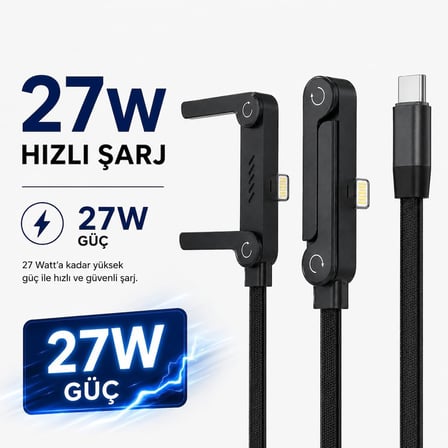 Armor Series HP-ALC01 27W Hızlı Şarj Kablosu - 1.5M Entegre Telefon Standlı ve 90° Açılı Lightning Şarj/Veri Kablosu Dayanıklı Örgülü Yapı