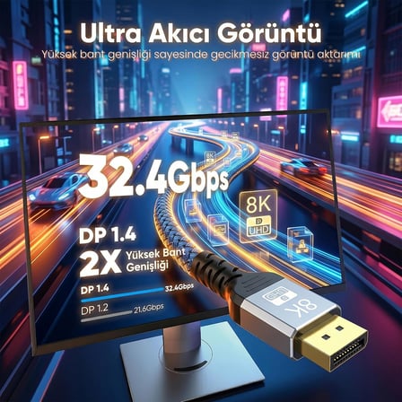8K DisplayPort Kablosu DP 1.4 (1.5 METRE) - 8K 60Hz / 4K 144Hz / 2K 165Hz - HDR10, 3D, Ses+Görüntü - Alüminyum Gövdeli ve Örgülü Gaming Monitör Kablosu