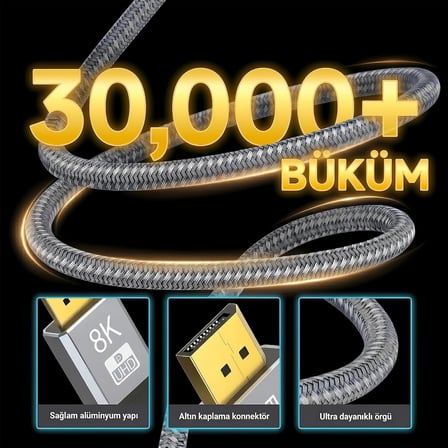 8K DisplayPort Kablosu DP 1.4 (1.5 METRE) - 8K 60Hz / 4K 144Hz / 2K 165Hz - HDR10, 3D, Ses+Görüntü - Alüminyum Gövdeli ve Örgülü Gaming Monitör Kablosu