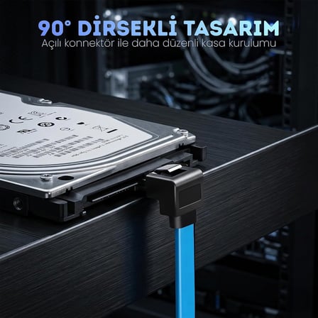 SATA 3.0 Data Kablosu 40 cm - 6Gbps’ye Kadar Hız - 90° Dirsek Uç - Yassı Kablo - Kilitli Konnektör - HDD, SSD Uyumlu - SATA III Veri Kablosu - PC ve Harici Kasa İçin