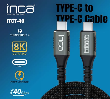 Inca ITCT-40 USB4 8K@60Hz Thunderbolt 4/3 40 Gbps PD240W Type-C to Type-C Kablo-0.8m USB 4, 40Gbps Veri Aktarım Kapasitesi GaN şarj cihazı ve tüm USB C Tipi cihazlar