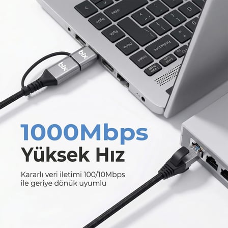 C6AC15 2in1 USB-A & Type-C to RJ45 1000Mbps Gigabit Ethernet Dönüştürücü CAT6 Kablo 1.5 Metre Thunderbolt 3/4/5, Mac/Windows/iPad/Android Uyumlu