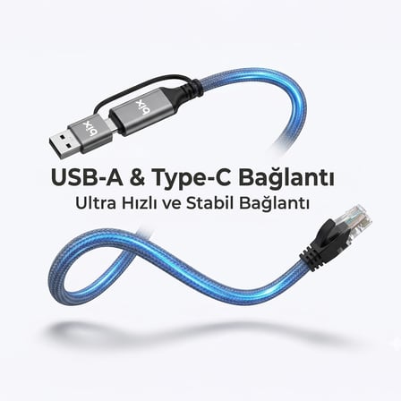 C6AC15 2in1 USB-A & Type-C to RJ45 1000Mbps Gigabit Ethernet Dönüştürücü CAT6 Kablo 1.5 Metre Thunderbolt 3/4/5, Mac/Windows/iPad/Android Uyumlu