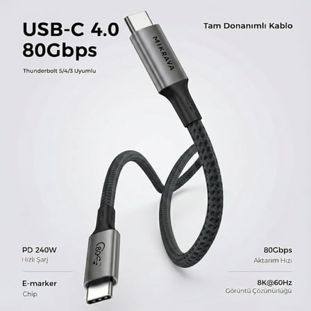 USB 4.0 V2.0, 80GBPS USB C Veri Kablosu, 240W USB C Şarj Kablosu, 8K@60hz 4K@240Hz 2K@360Hz Thunderbolt 5 Görüntü Kablosu, MacBook, Monitör, Docking İstasyonu, iPhone ile Uyumlu - 1 Metre