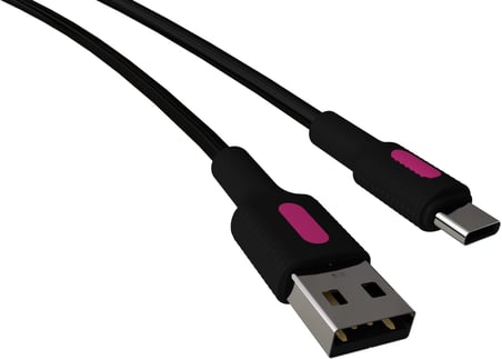 Coral USB A-C Hızlı Şarj Kablosu, Siyah Kablo, Fuşya/Siyah Uçlar (150 CM)