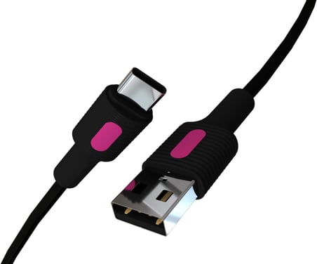 Coral USB A-C Hızlı Şarj Kablosu, Siyah Kablo, Fuşya/Siyah Uçlar (150 CM)