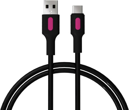 Coral USB A-C Hızlı Şarj Kablosu, Siyah Kablo, Fuşya/Siyah Uçlar (150 CM)