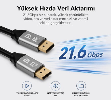 3 Metre DisplayPort 1.2 Premium 4K UHD Kablo - 21.6Gbps Hız, 4K@60Hz, 2K@165Hz, 1080p, Ultra HD, DisplayPort 1.2 Uyumlu, Derin Renk Desteği | ZR836 (3 Metre)