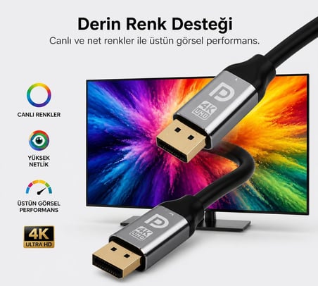 3 Metre DisplayPort 1.2 Premium 4K UHD Kablo - 21.6Gbps Hız, 4K@60Hz, 2K@165Hz, 1080p, Ultra HD, DisplayPort 1.2 Uyumlu, Derin Renk Desteği | ZR836 (3 Metre)