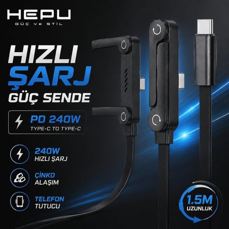 Armor Series HP-ATC01 PD 240W Type-C to Type-C Hızlı Şarj Kablosu 1.5M - Çinko Alaşım Gövdeli, Örgülü Entegre Telefon Stantlı ve 90° Açılı Veri Aktarım Kablosu