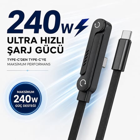 Armor Series HP-ATC01 PD 240W Type-C to Type-C Hızlı Şarj Kablosu 1.5M - Çinko Alaşım Gövdeli, Örgülü Entegre Telefon Stantlı ve 90° Açılı Veri Aktarım Kablosu