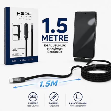 Armor Series HP-ATC01 PD 240W Type-C to Type-C Hızlı Şarj Kablosu 1.5M - Çinko Alaşım Gövdeli, Örgülü Entegre Telefon Stantlı ve 90° Açılı Veri Aktarım Kablosu